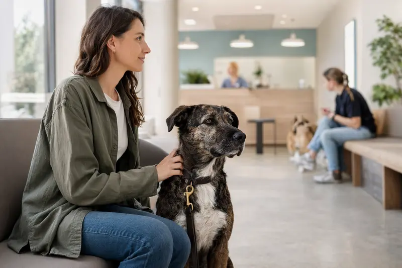 Ein Carpatin Hund sitzt ruhig neben seinem Besitzer im hellen Wartezimmer einer modernen Tierarztpraxis.